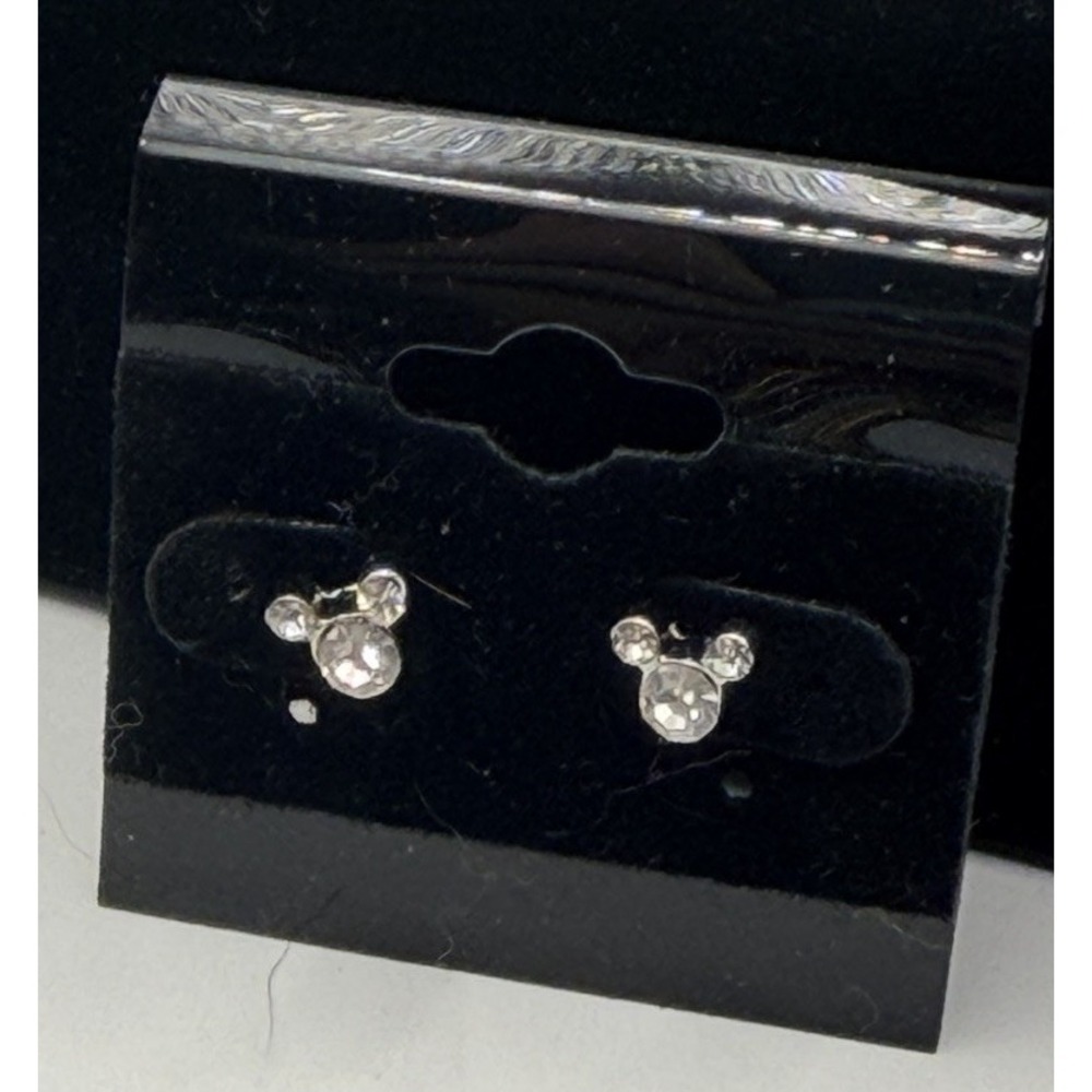 Silver Tone Mickey Minnie Mouse Stud Earrings White/Colorless Crystal Pierced